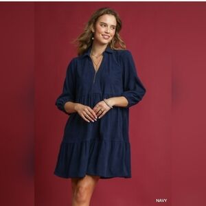 Umgee Tiered Corduroy Mini Dress with Balloon Sleeves